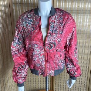 🔷Free People Womens Long Sleeve Daytrip Pink Printed Bomber Jacket Zip Size XS
